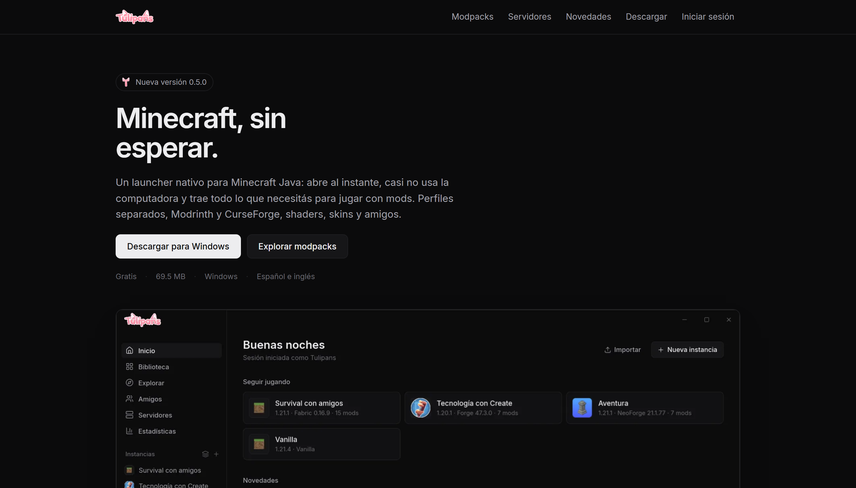 The mc.tulipans.uy homepage: the headline "Minecraft, without the wait" above a preview of the launcher's dark home screen with saved instances.