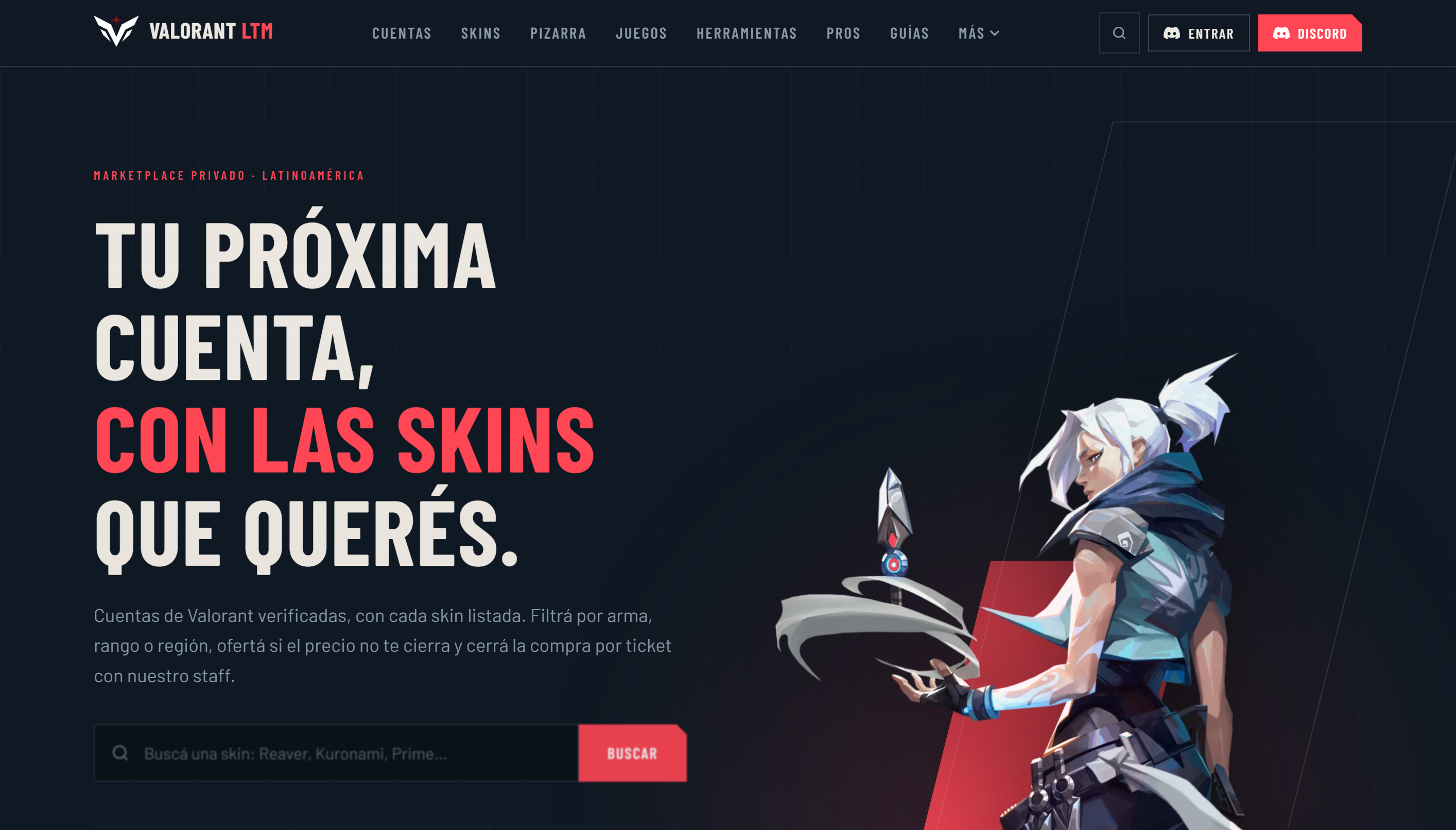 The Valorant LTM homepage: a dark navy esports-style layout with red accents and a skin search in the hero.